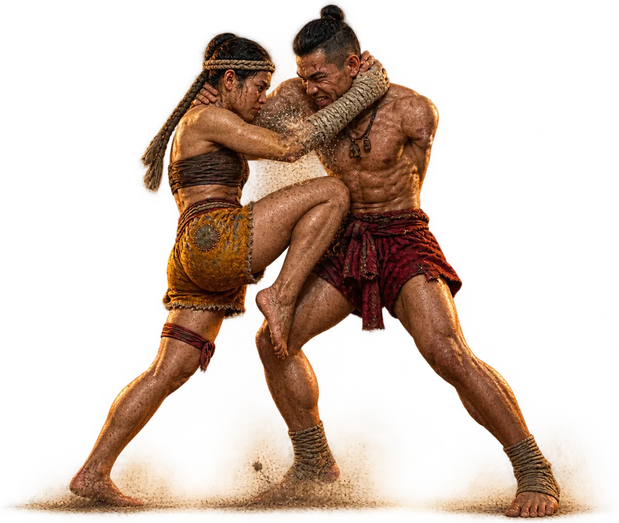 Nok menangkap leher Pran dalam clinch dan menghantamkan lutut kanan ke perutnya, debu terangkat dari lantai ring.